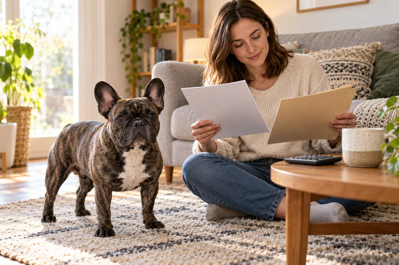 Brindle French Bulldog beside an owner comparing folders and a calculator at home